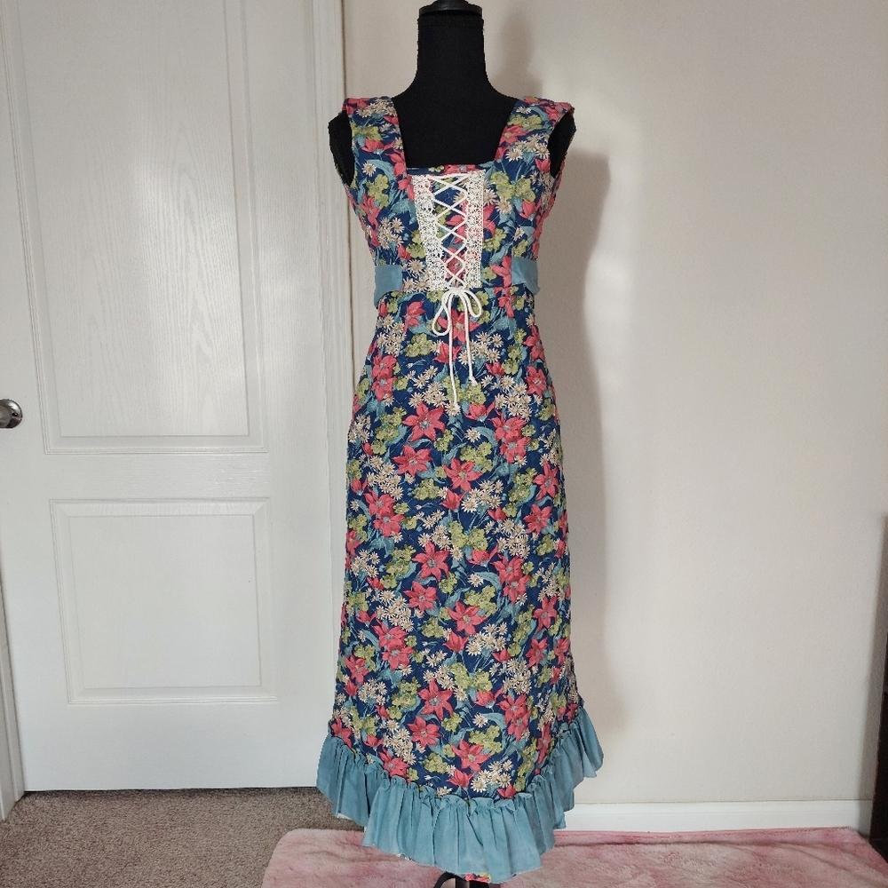 Vintage Floral Maxi Dress in Navy, Pink & Green